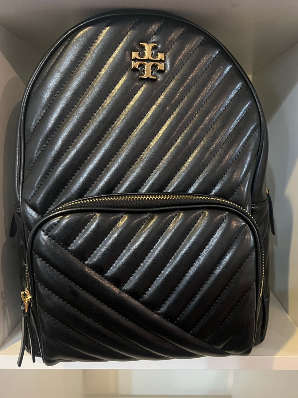 Tory Burch Black Chervon Leather Backpack with Gold Logo